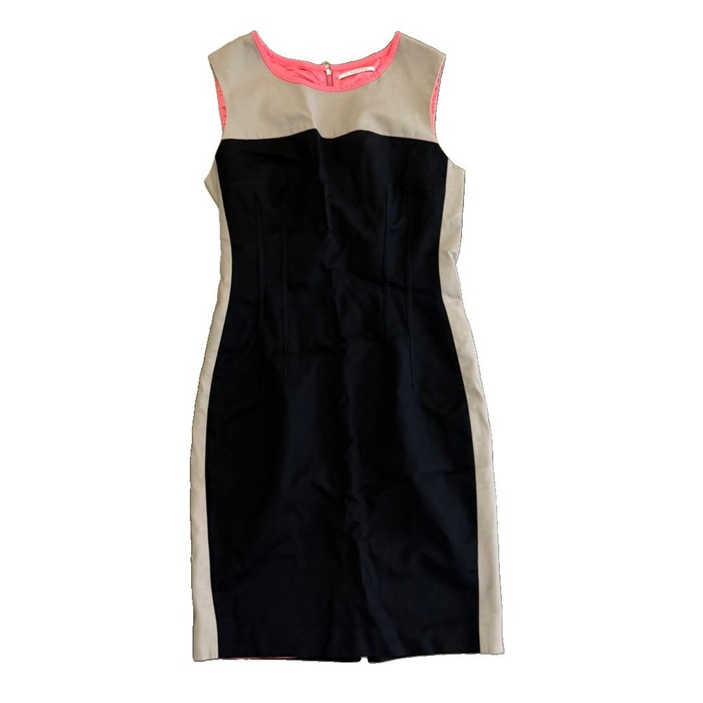 T Tahari Colorblock Sheath Dress Black Beige Coral Sleeveless Size 8 Cocktail